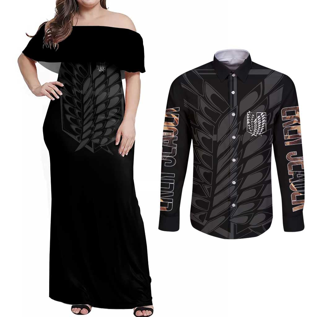 Eren Yeager Attack on Titan Couples Matching Off Shoulder Maxi Dress and Long Sleeve Button Shirt Anime Style - The Mazicc