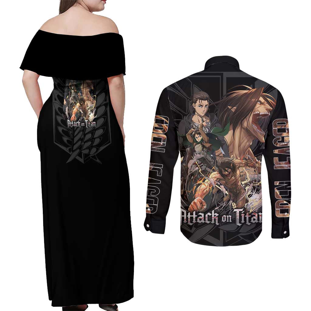 Eren Yeager Attack on Titan Couples Matching Off Shoulder Maxi Dress and Long Sleeve Button Shirt Anime Style - The Mazicc