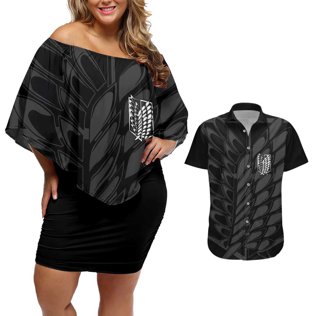 Eren Yeager Attack on Titan Couples Matching Off Shoulder Short Dress and Hawaiian Shirt Anime Style - The Mazicc