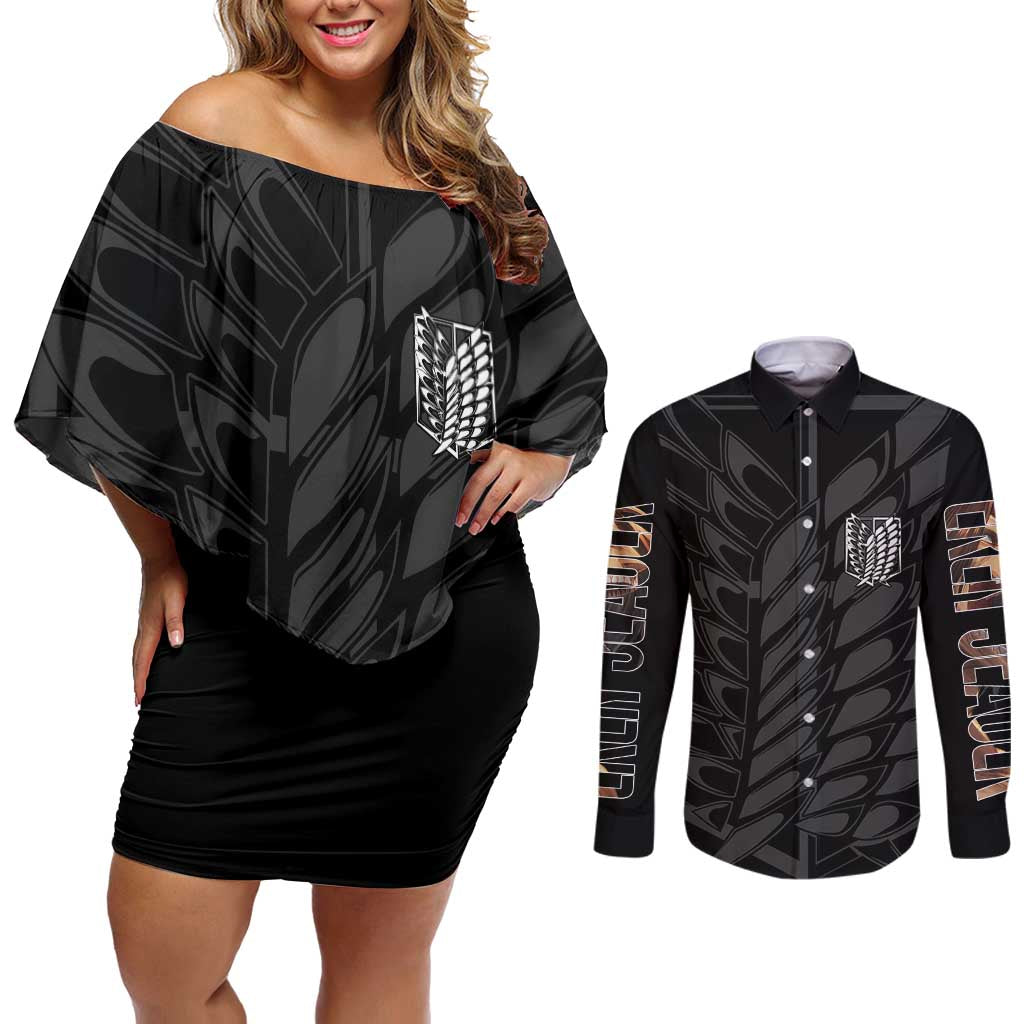 Eren Yeager Attack on Titan Couples Matching Off Shoulder Short Dress and Long Sleeve Button Shirt Anime Style - The Mazicc