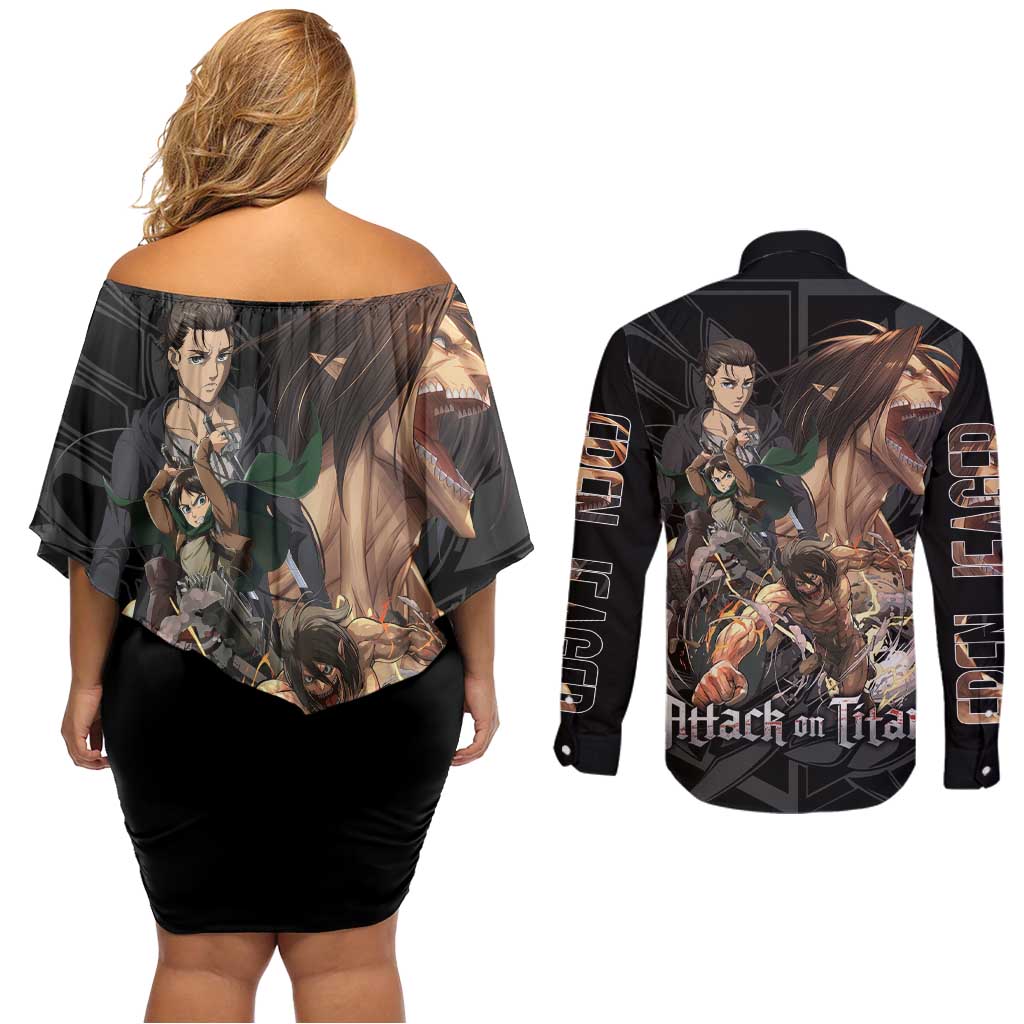 Eren Yeager Attack on Titan Couples Matching Off Shoulder Short Dress and Long Sleeve Button Shirt Anime Style - The Mazicc