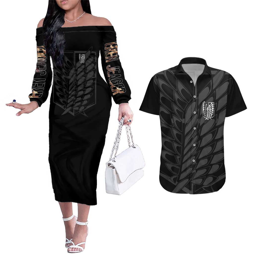 Eren Yeager Attack on Titan Couples Matching Off The Shoulder Long Sleeve Dress and Hawaiian Shirt Anime Style - The Mazicc