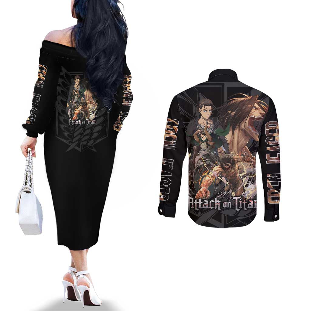Eren Yeager Attack on Titan Couples Matching Off The Shoulder Long Sleeve Dress and Long Sleeve Button Shirt Anime Style - The Mazicc