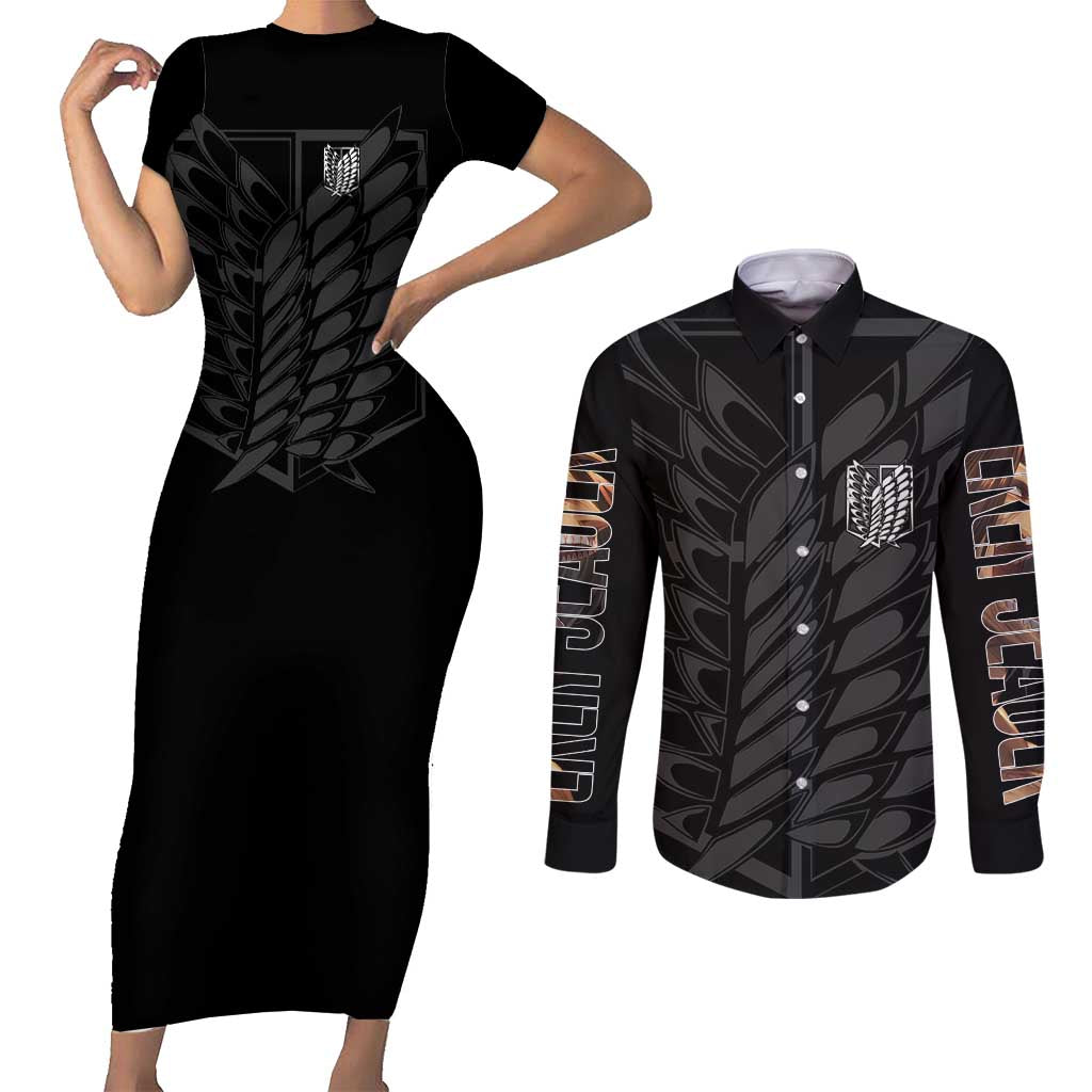 Eren Yeager Attack on Titan Couples Matching Short Sleeve Bodycon Dress and Long Sleeve Button Shirt Anime Style - The Mazicc