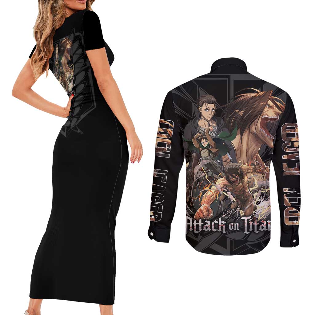 Eren Yeager Attack on Titan Couples Matching Short Sleeve Bodycon Dress and Long Sleeve Button Shirt Anime Style - The Mazicc