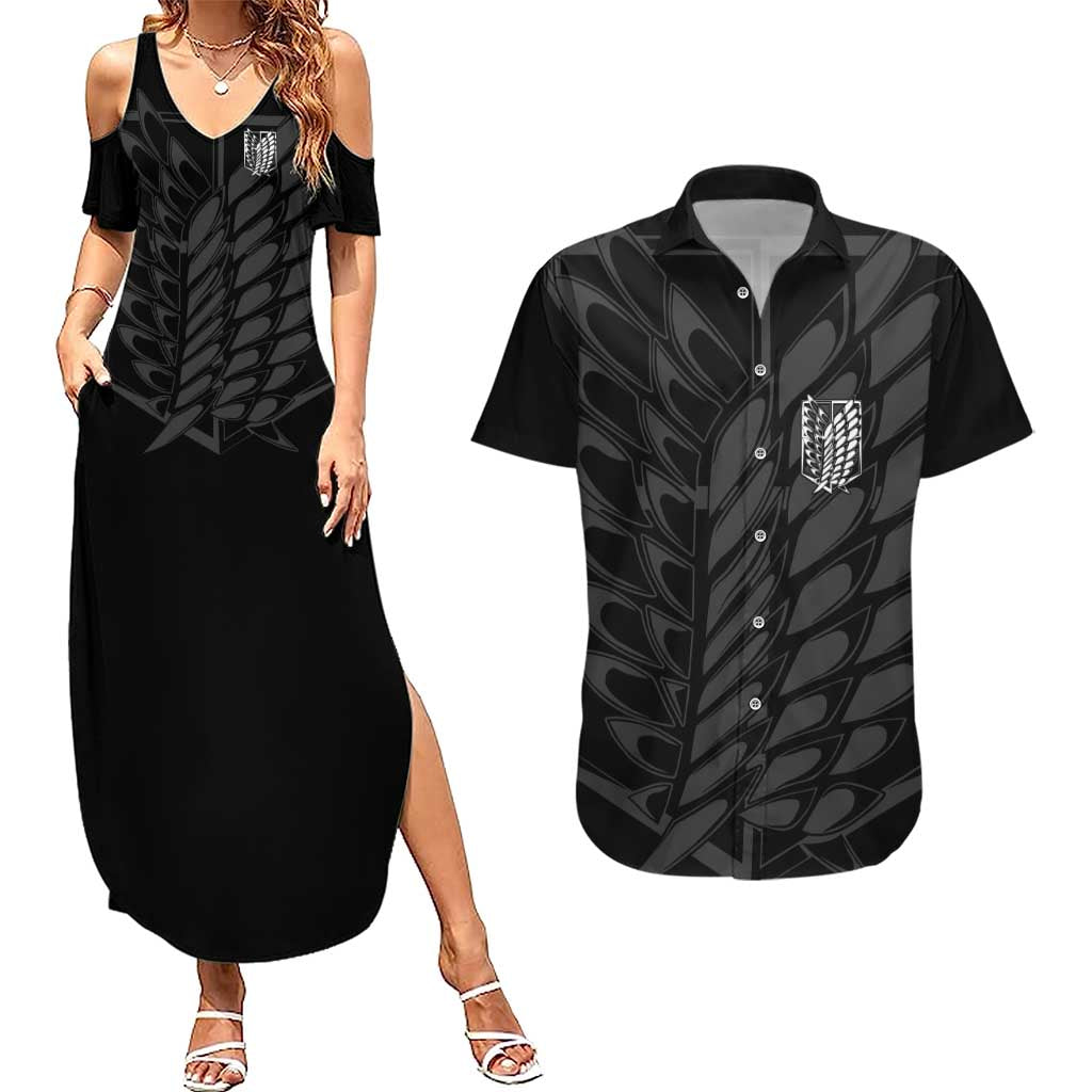 Eren Yeager Attack on Titan Couples Matching Summer Maxi Dress and Hawaiian Shirt Anime Style - The Mazicc