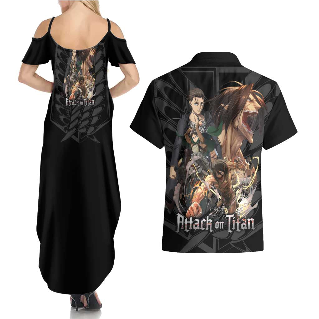 Eren Yeager Attack on Titan Couples Matching Summer Maxi Dress and Hawaiian Shirt Anime Style - The Mazicc