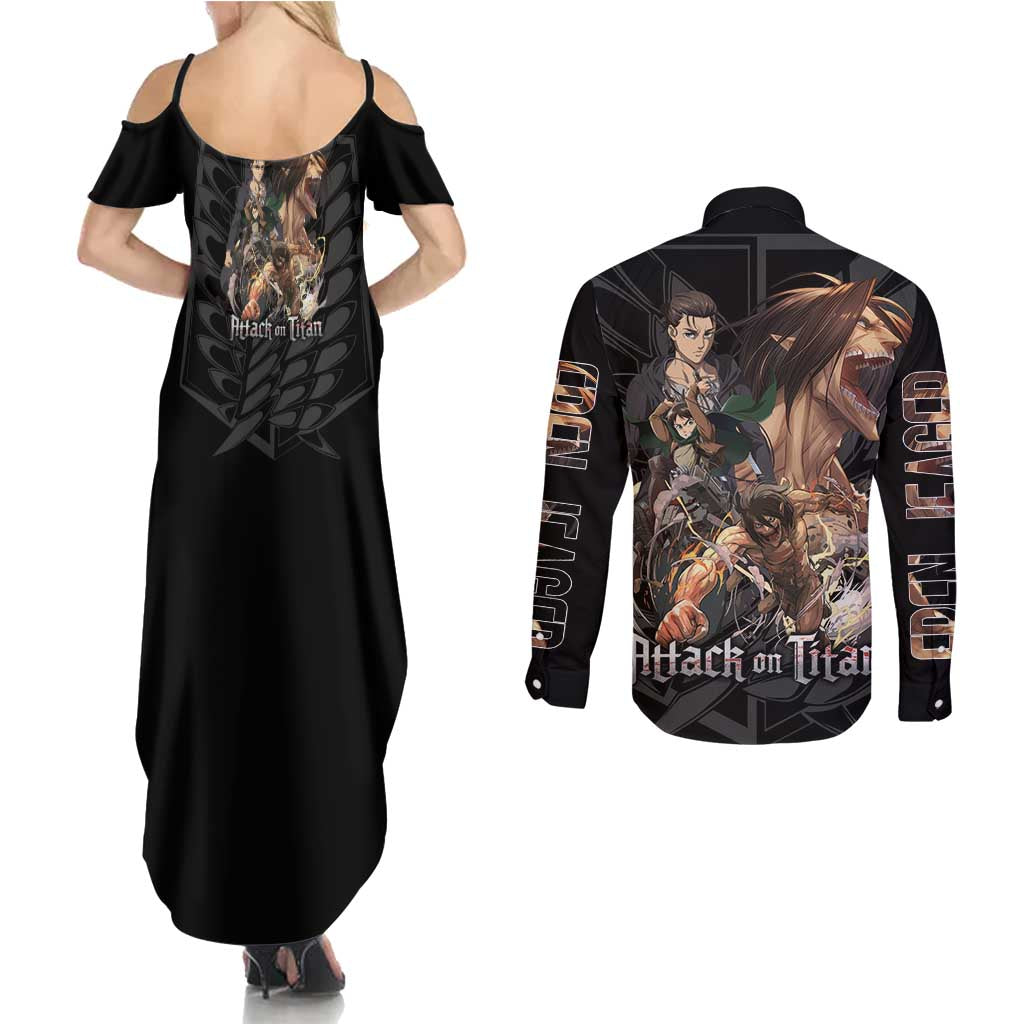 Eren Yeager Attack on Titan Couples Matching Summer Maxi Dress and Long Sleeve Button Shirt Anime Style - The Mazicc