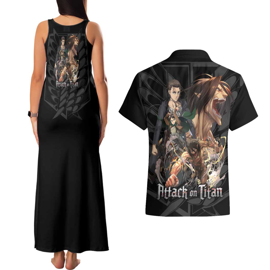 Eren Yeager Attack on Titan Couples Matching Tank Maxi Dress and Hawaiian Shirt Anime Style - The Mazicc