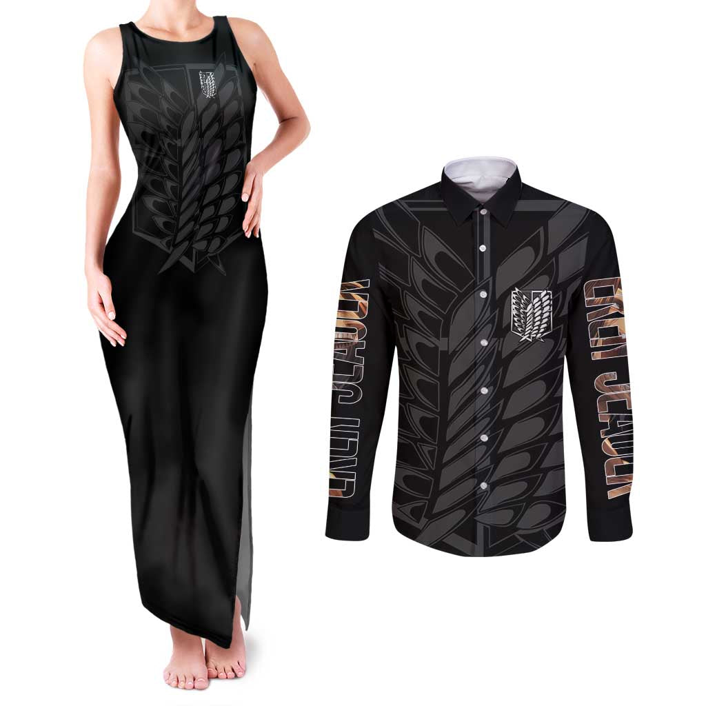 Eren Yeager Attack on Titan Couples Matching Tank Maxi Dress and Long Sleeve Button Shirt Anime Style - The Mazicc