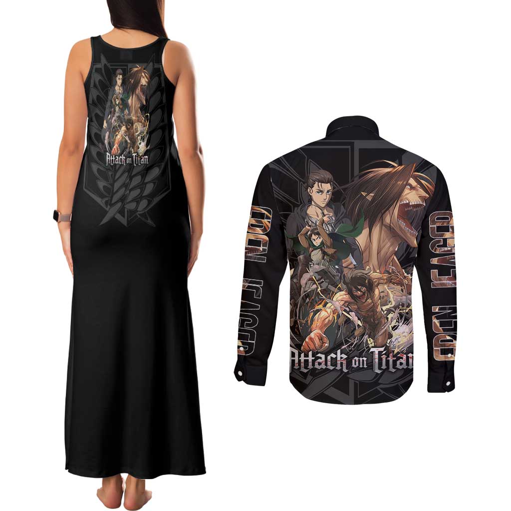 Eren Yeager Attack on Titan Couples Matching Tank Maxi Dress and Long Sleeve Button Shirt Anime Style - The Mazicc