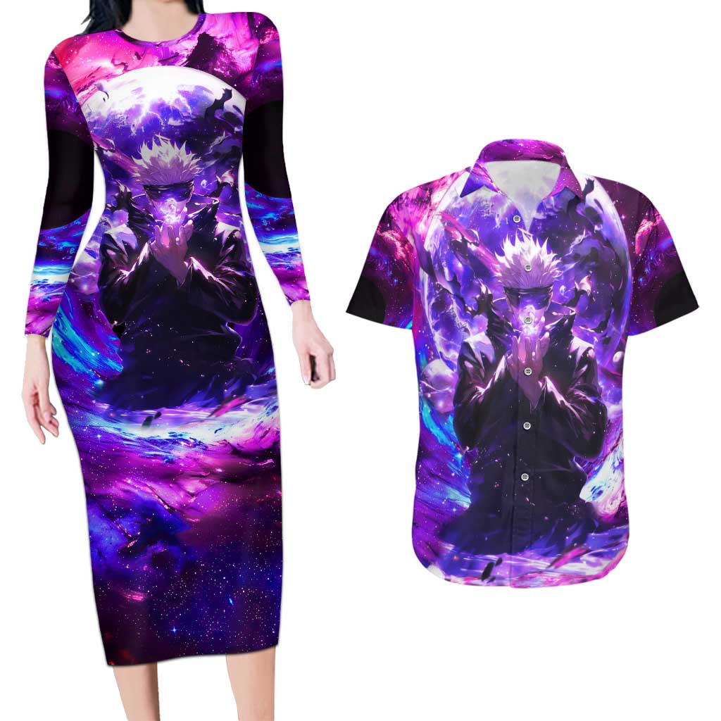 Trippy Gojo Satoru Jujutsu Kaisen Couples Matching Long Sleeve Bodycon Dress and Hawaiian Shirt Anime Style - The Mazicc