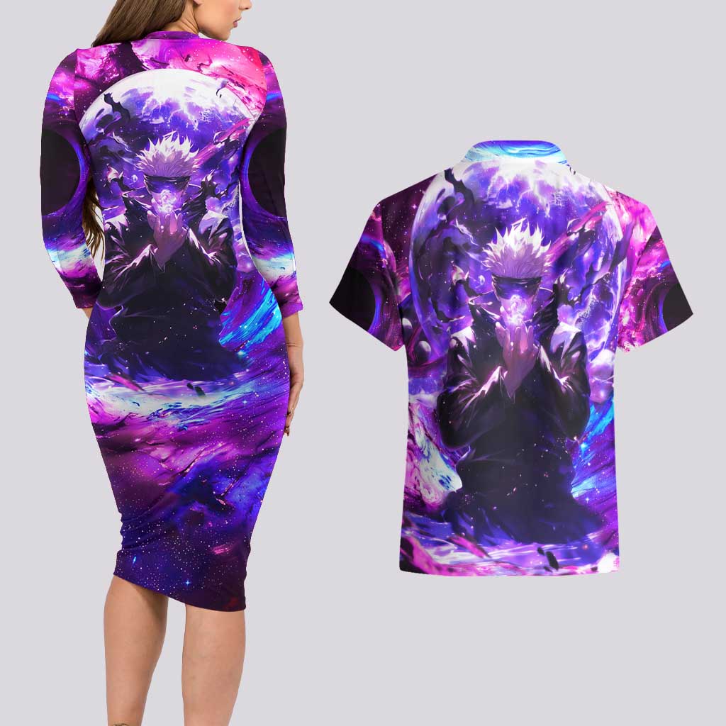 Trippy Gojo Satoru Jujutsu Kaisen Couples Matching Long Sleeve Bodycon Dress and Hawaiian Shirt Anime Style - The Mazicc