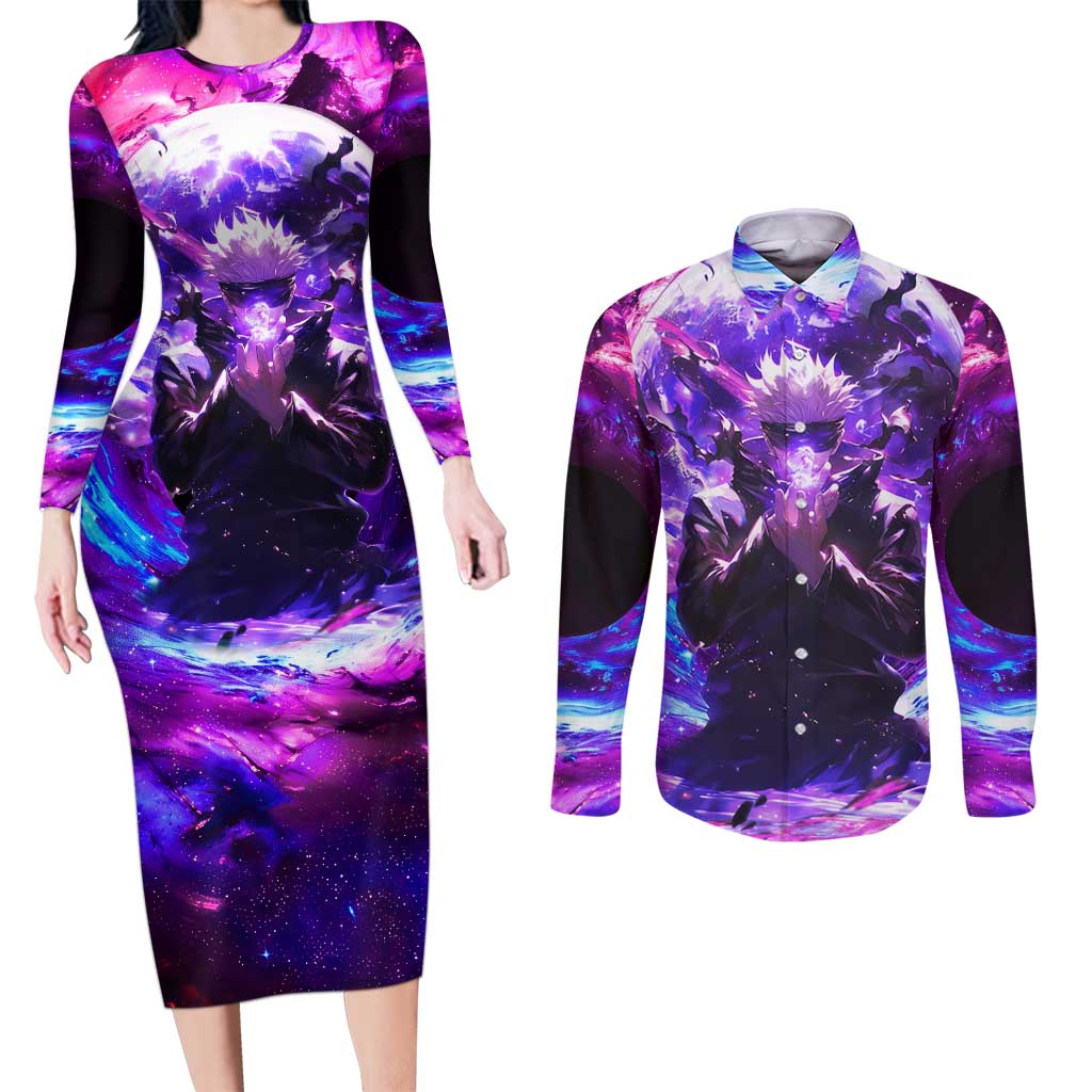 Trippy Gojo Satoru Jujutsu Kaisen Couples Matching Long Sleeve Bodycon Dress and Long Sleeve Button Shirt Anime Style - The Mazicc