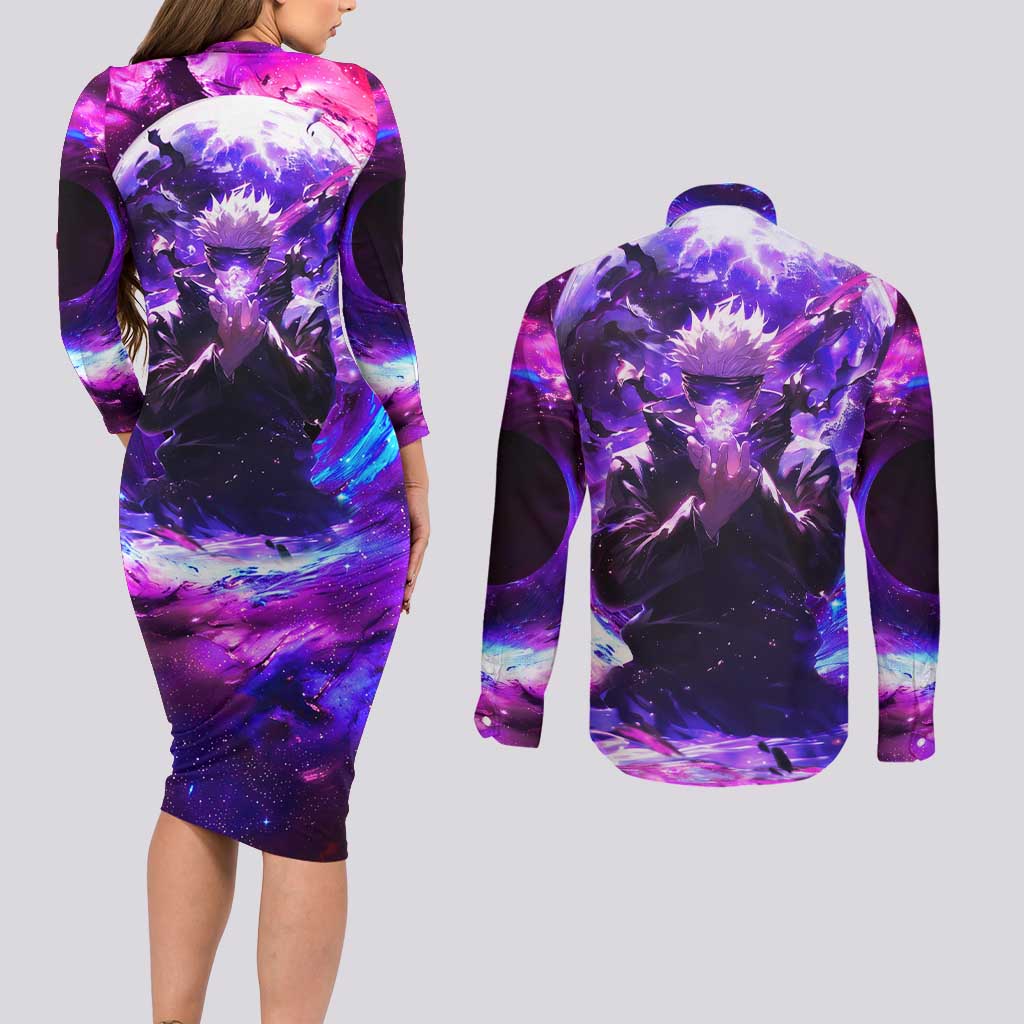 Trippy Gojo Satoru Jujutsu Kaisen Couples Matching Long Sleeve Bodycon Dress and Long Sleeve Button Shirt Anime Style - The Mazicc