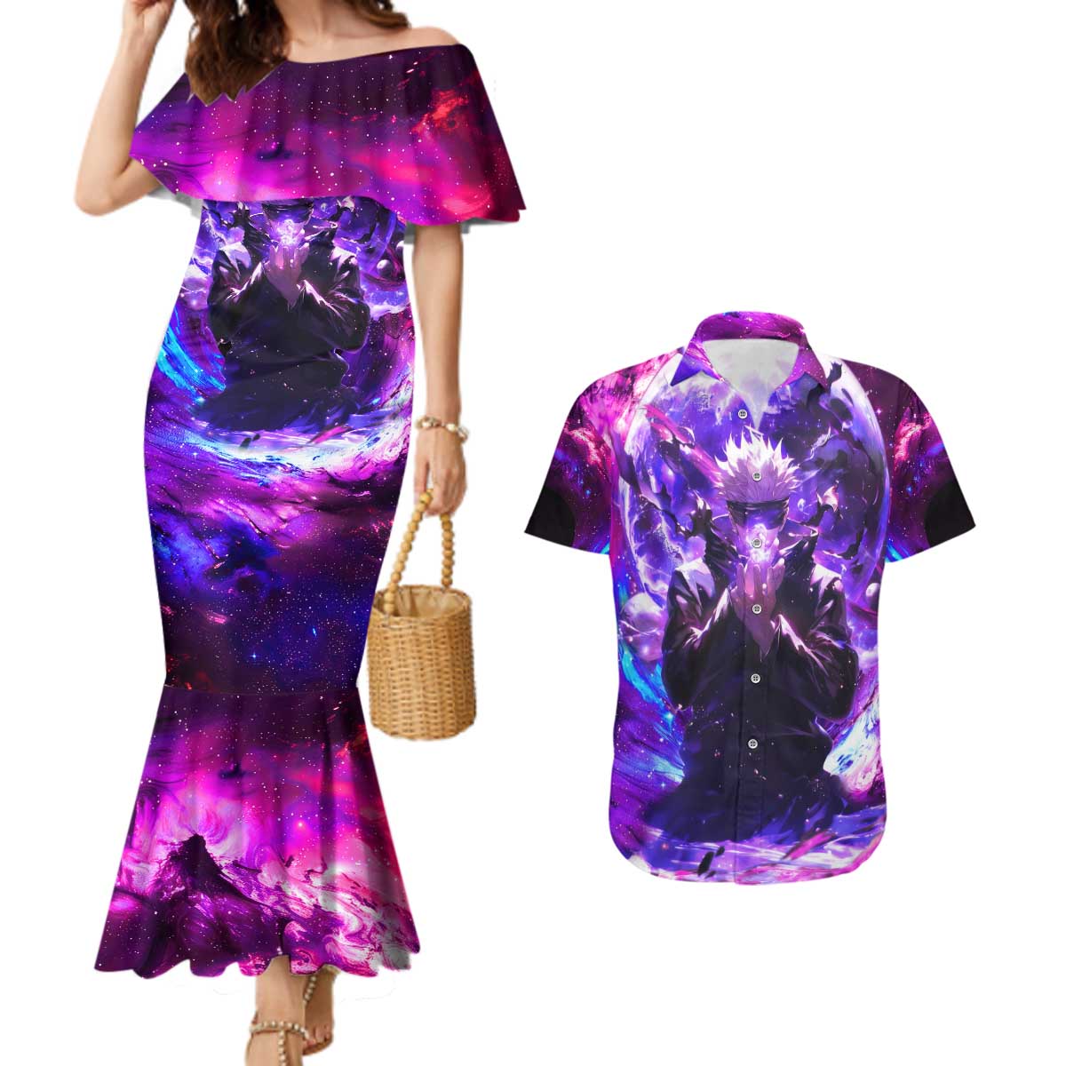 Trippy Gojo Satoru Jujutsu Kaisen Couples Matching Mermaid Dress and Hawaiian Shirt Anime Style - The Mazicc