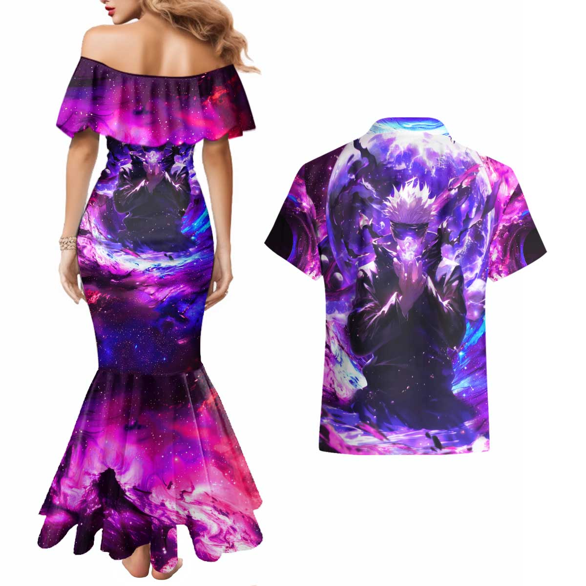Trippy Gojo Satoru Jujutsu Kaisen Couples Matching Mermaid Dress and Hawaiian Shirt Anime Style - The Mazicc