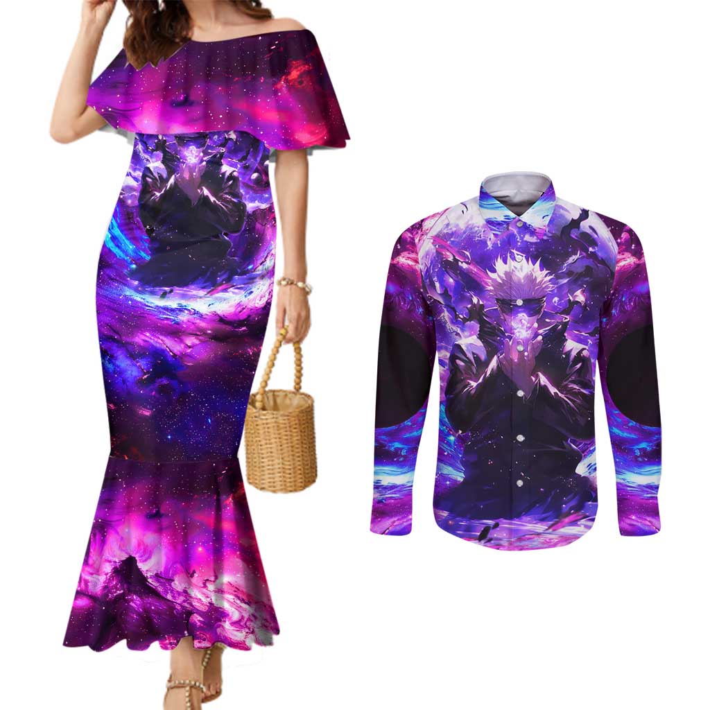 Trippy Gojo Satoru Jujutsu Kaisen Couples Matching Mermaid Dress and Long Sleeve Button Shirt Anime Style - The Mazicc