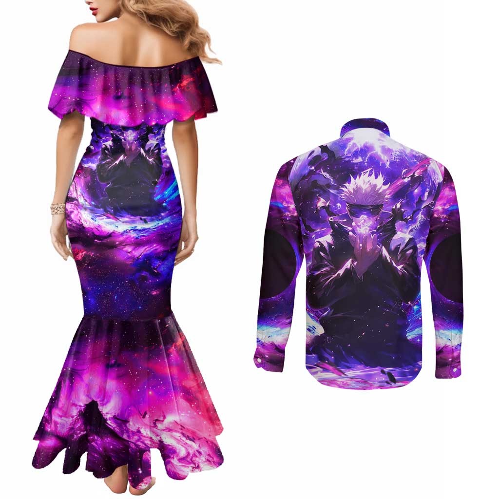 Trippy Gojo Satoru Jujutsu Kaisen Couples Matching Mermaid Dress and Long Sleeve Button Shirt Anime Style - The Mazicc