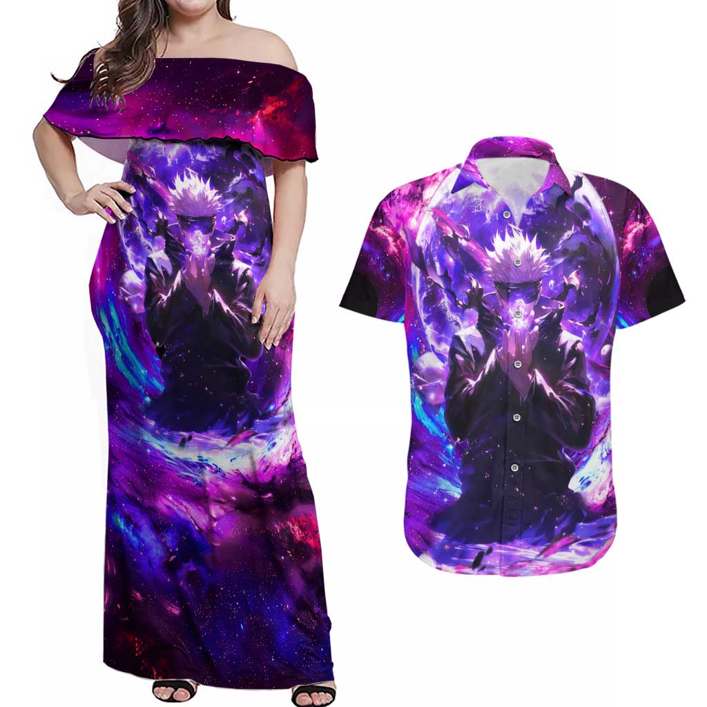 Trippy Gojo Satoru Jujutsu Kaisen Couples Matching Off Shoulder Maxi Dress and Hawaiian Shirt Anime Style - The Mazicc