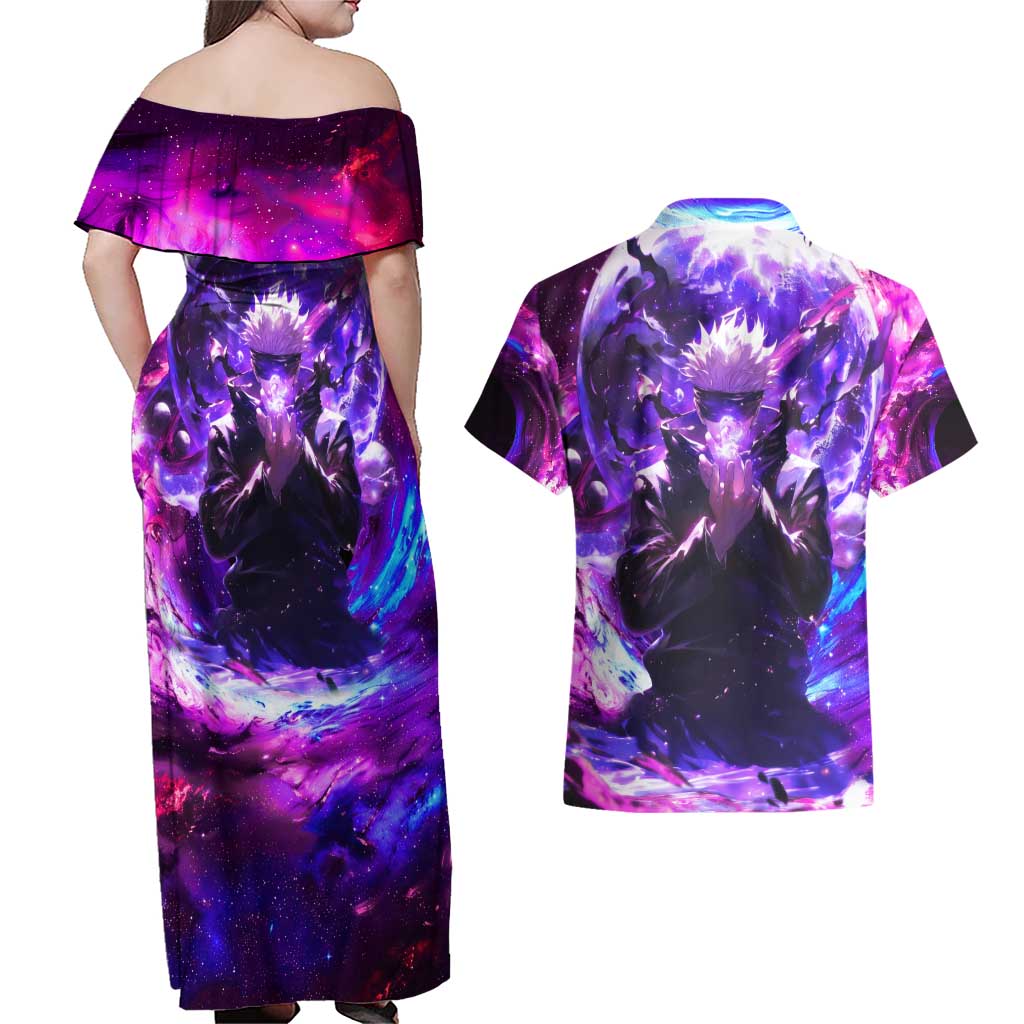 Trippy Gojo Satoru Jujutsu Kaisen Couples Matching Off Shoulder Maxi Dress and Hawaiian Shirt Anime Style - The Mazicc