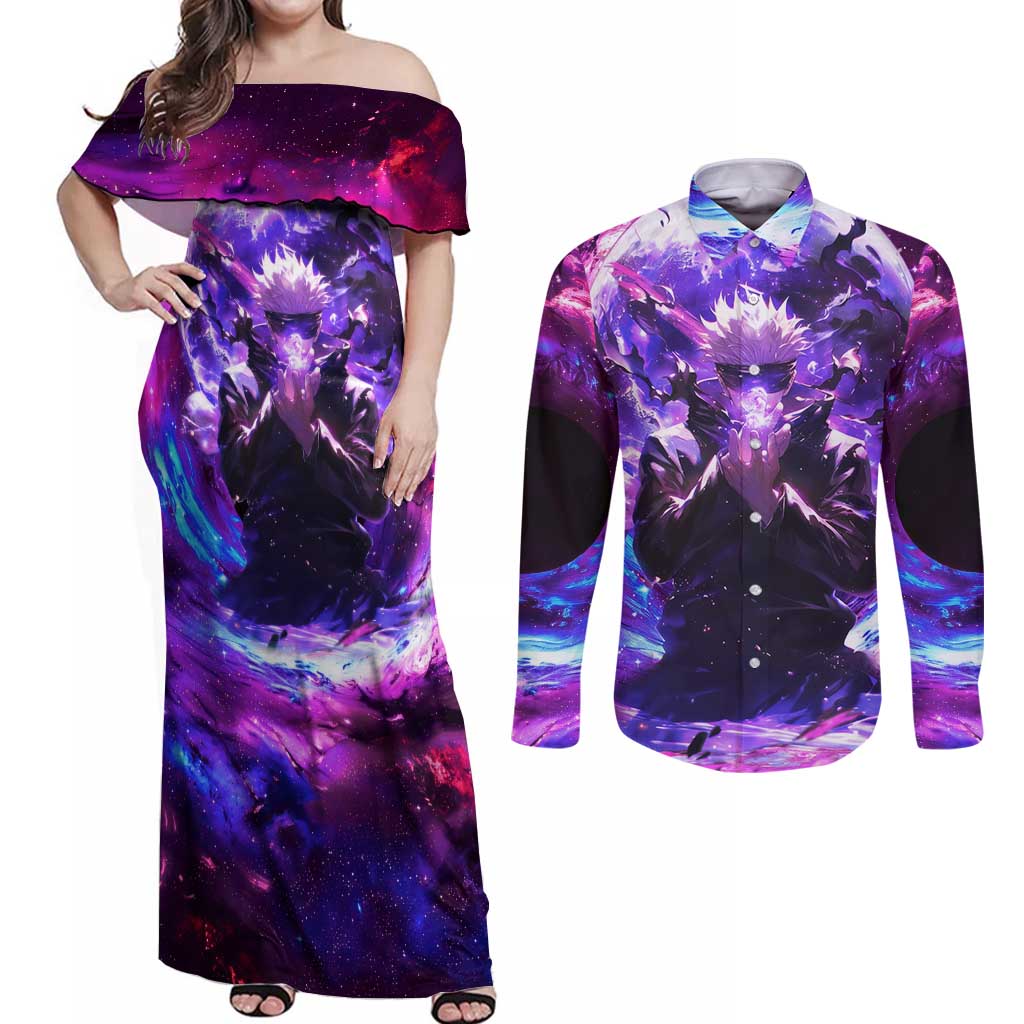 Trippy Gojo Satoru Jujutsu Kaisen Couples Matching Off Shoulder Maxi Dress and Long Sleeve Button Shirt Anime Style - The Mazicc