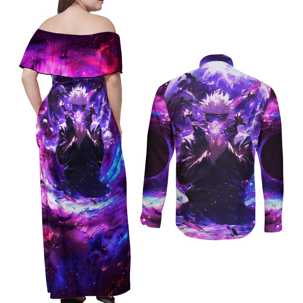 Trippy Gojo Satoru Jujutsu Kaisen Couples Matching Off Shoulder Maxi Dress and Long Sleeve Button Shirt Anime Style - The Mazicc