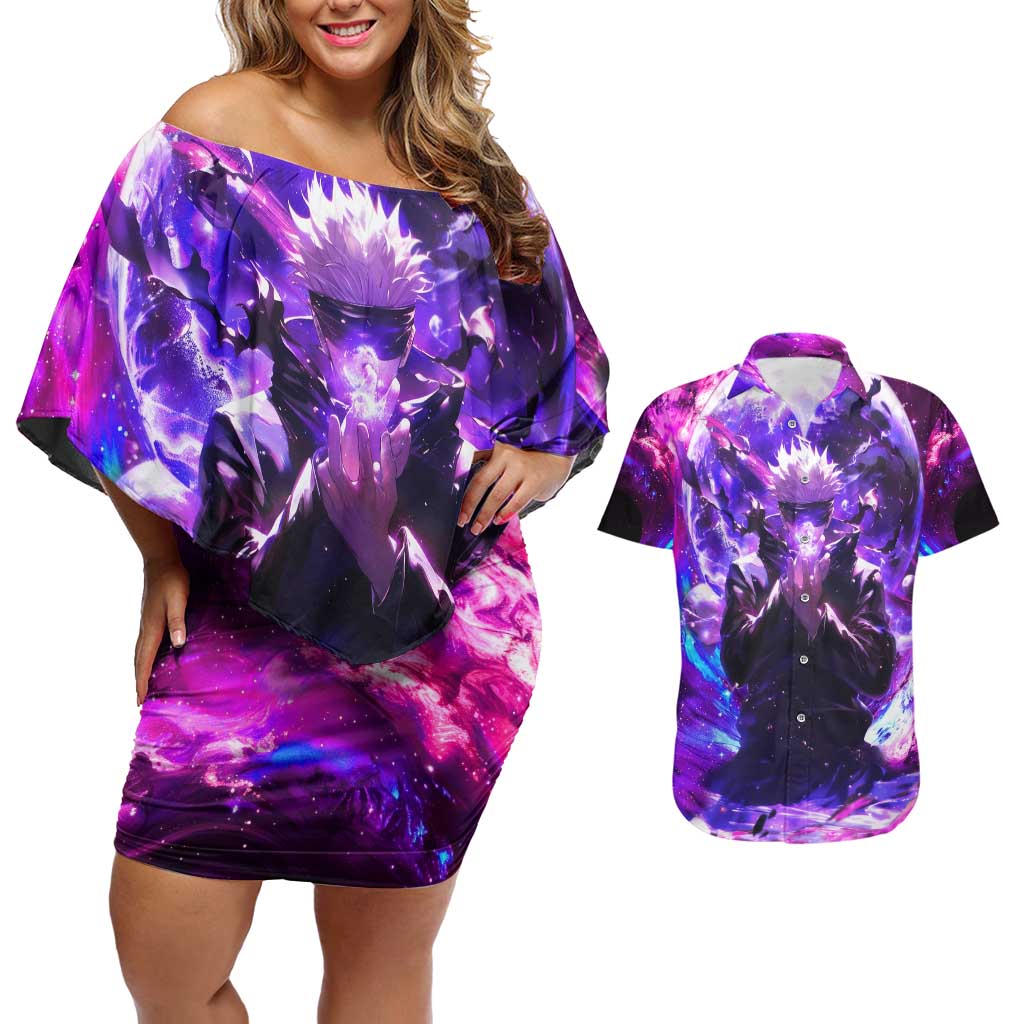 Trippy Gojo Satoru Jujutsu Kaisen Couples Matching Off Shoulder Short Dress and Hawaiian Shirt Anime Style - The Mazicc