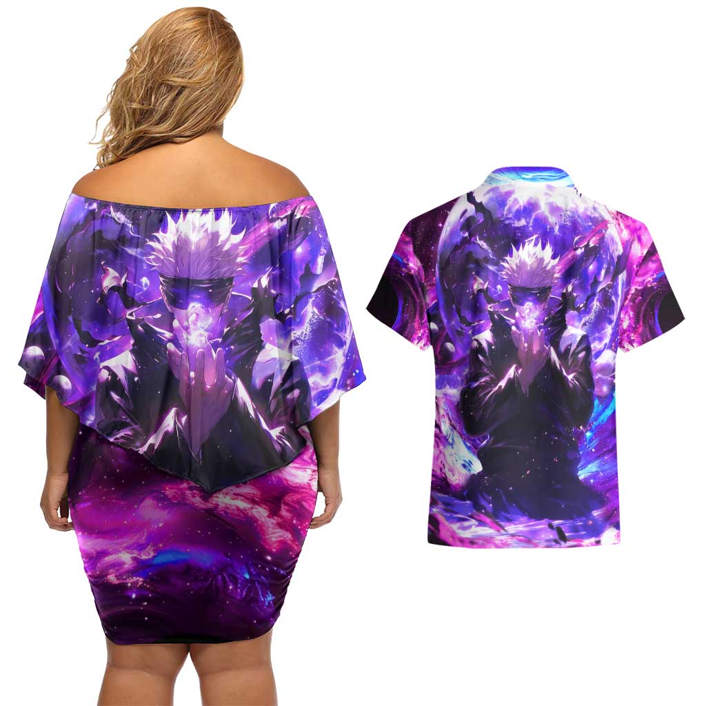 Trippy Gojo Satoru Jujutsu Kaisen Couples Matching Off Shoulder Short Dress and Hawaiian Shirt Anime Style - The Mazicc