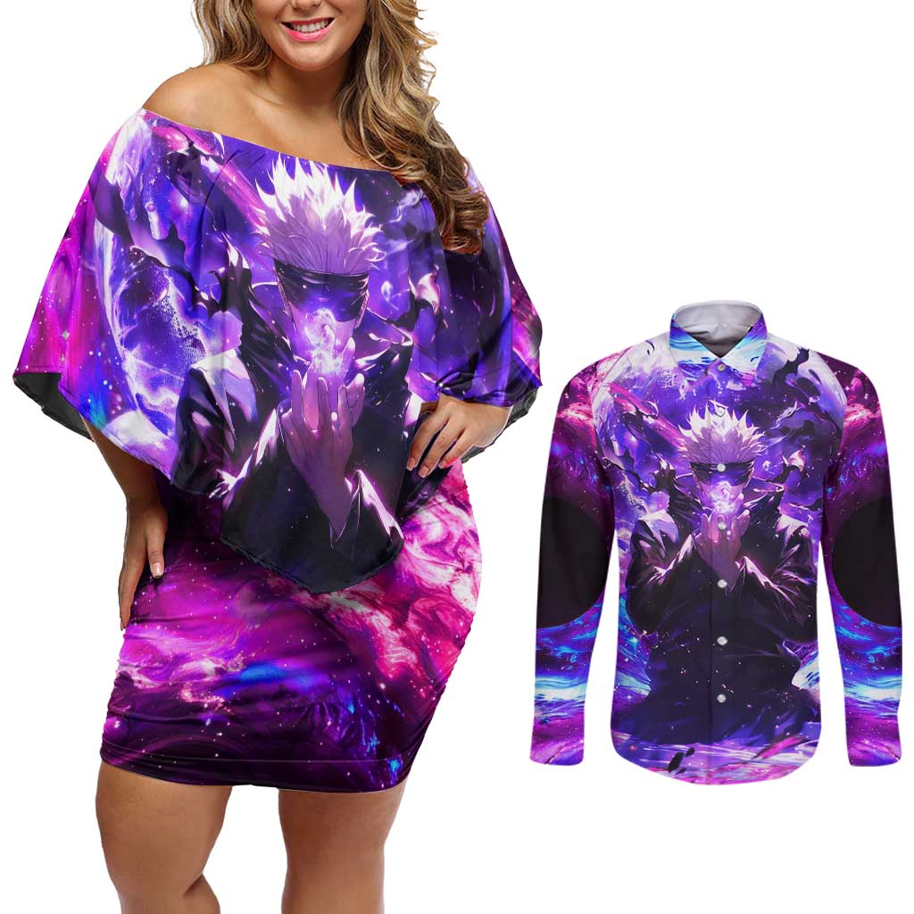 Trippy Gojo Satoru Jujutsu Kaisen Couples Matching Off Shoulder Short Dress and Long Sleeve Button Shirt Anime Style - The Mazicc