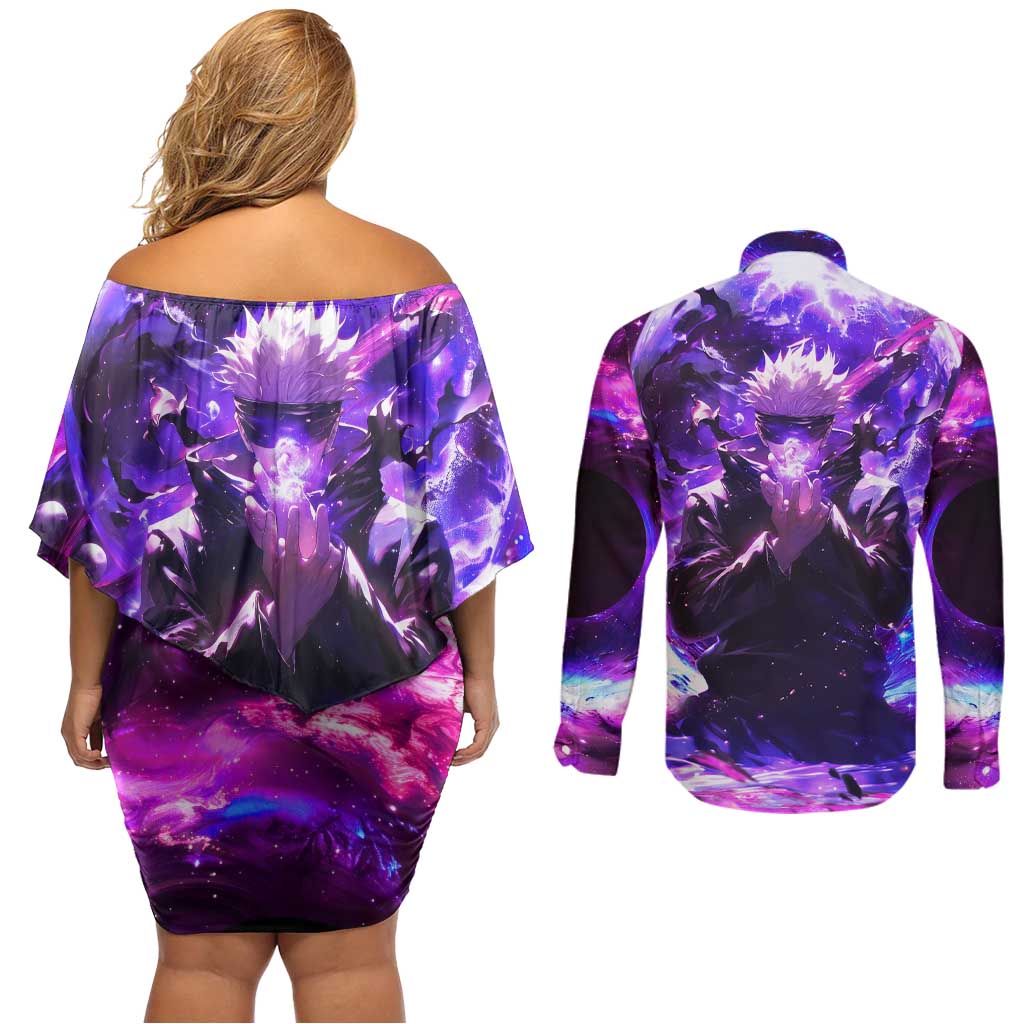 Trippy Gojo Satoru Jujutsu Kaisen Couples Matching Off Shoulder Short Dress and Long Sleeve Button Shirt Anime Style - The Mazicc