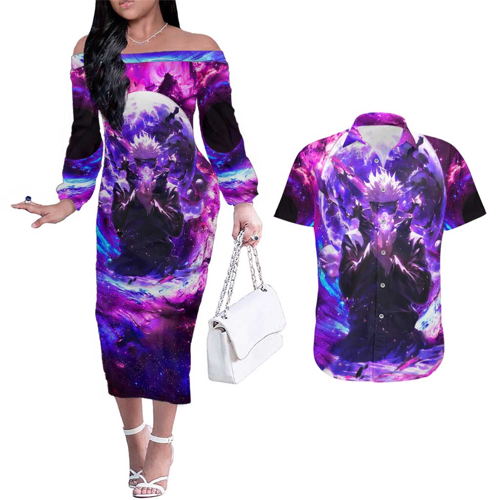 Trippy Gojo Satoru Jujutsu Kaisen Couples Matching Off The Shoulder Long Sleeve Dress and Hawaiian Shirt Anime Style - The Mazicc