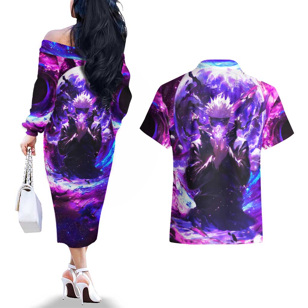 Trippy Gojo Satoru Jujutsu Kaisen Couples Matching Off The Shoulder Long Sleeve Dress and Hawaiian Shirt Anime Style - The Mazicc
