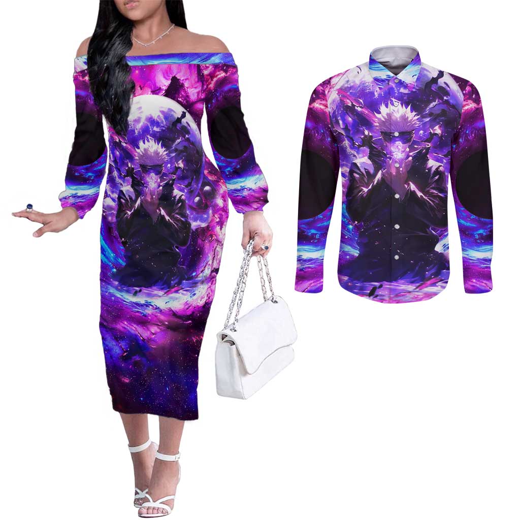 Trippy Gojo Satoru Jujutsu Kaisen Couples Matching Off The Shoulder Long Sleeve Dress and Long Sleeve Button Shirt Anime Style - The Mazicc
