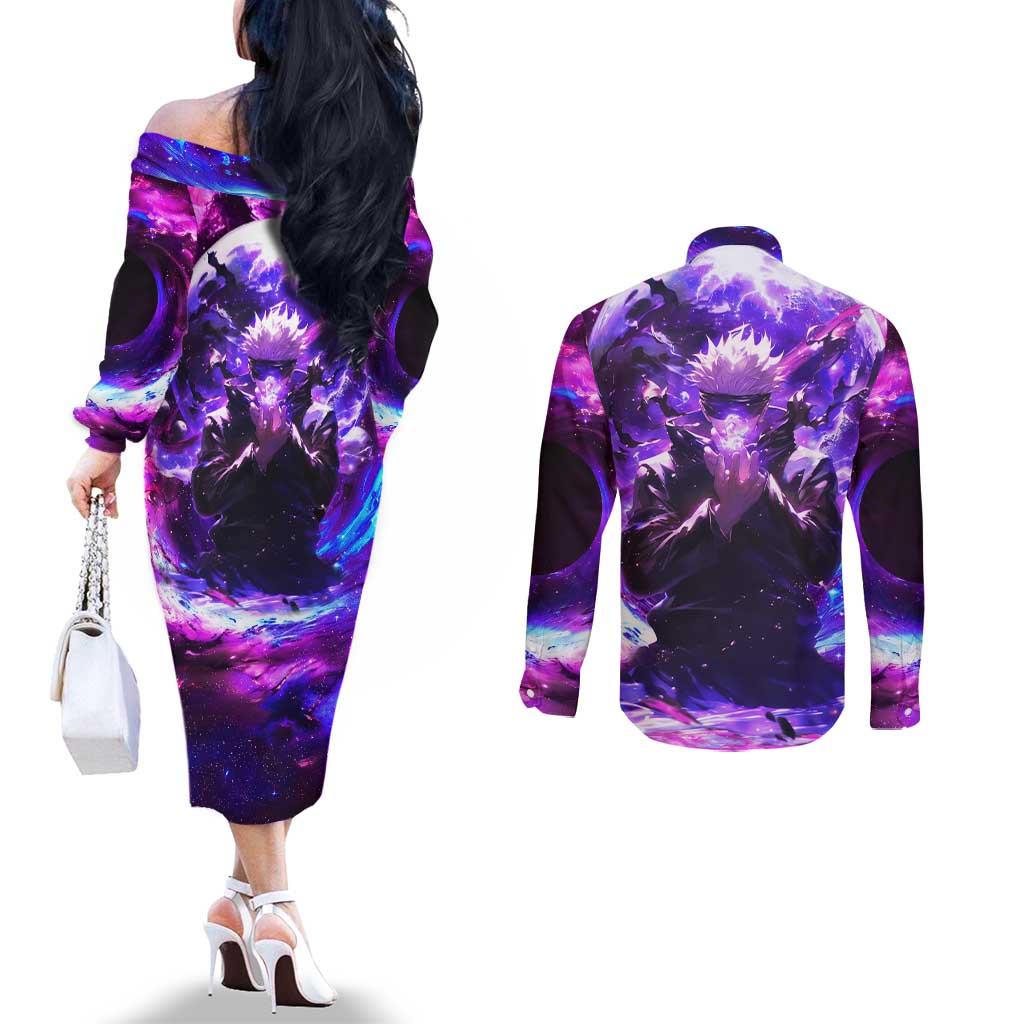 Trippy Gojo Satoru Jujutsu Kaisen Couples Matching Off The Shoulder Long Sleeve Dress and Long Sleeve Button Shirt Anime Style - The Mazicc