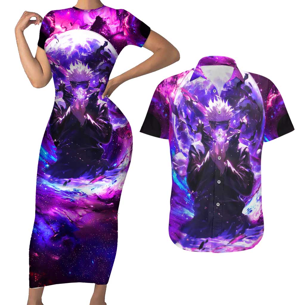 Trippy Gojo Satoru Jujutsu Kaisen Couples Matching Short Sleeve Bodycon Dress and Hawaiian Shirt Anime Style - The Mazicc