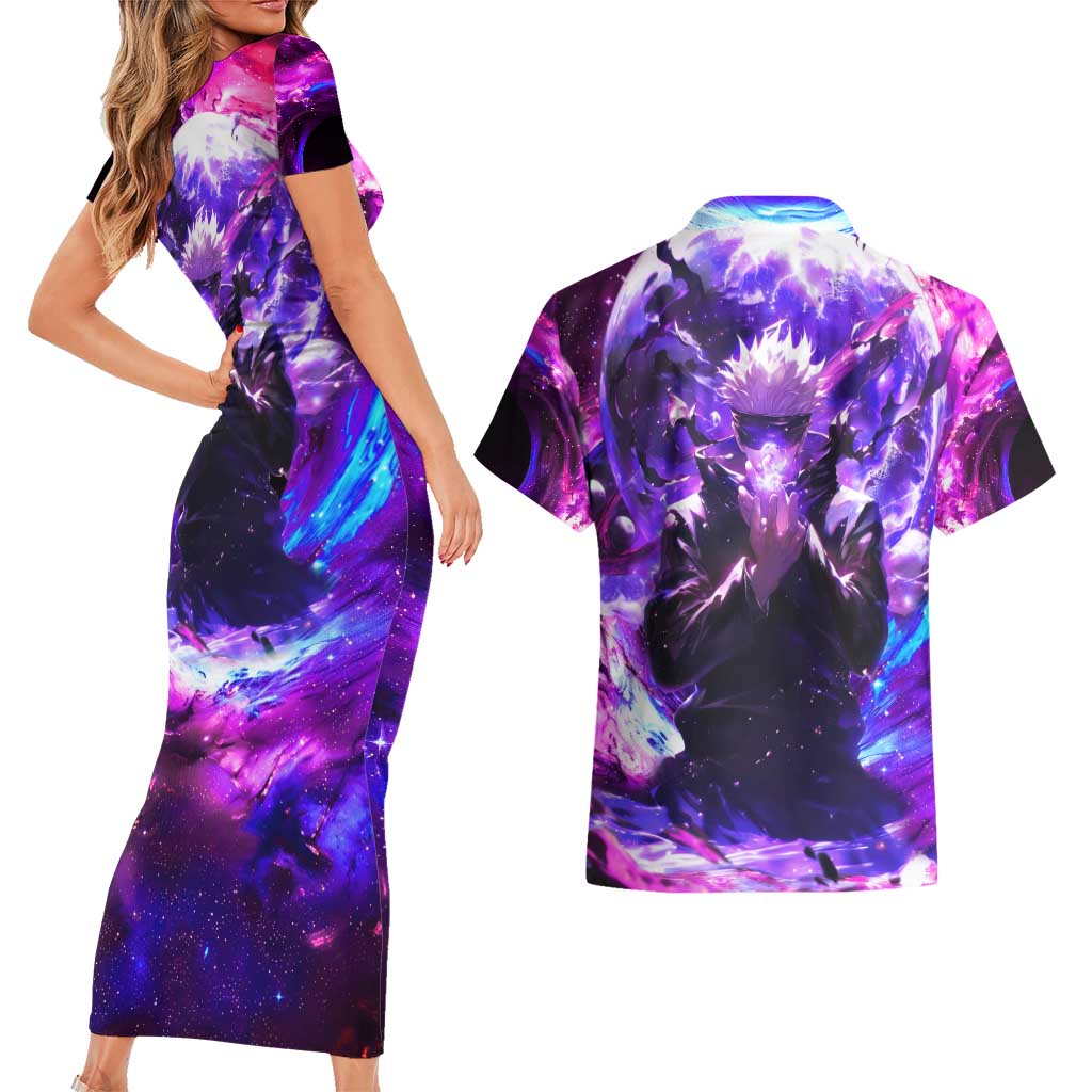 Trippy Gojo Satoru Jujutsu Kaisen Couples Matching Short Sleeve Bodycon Dress and Hawaiian Shirt Anime Style - The Mazicc