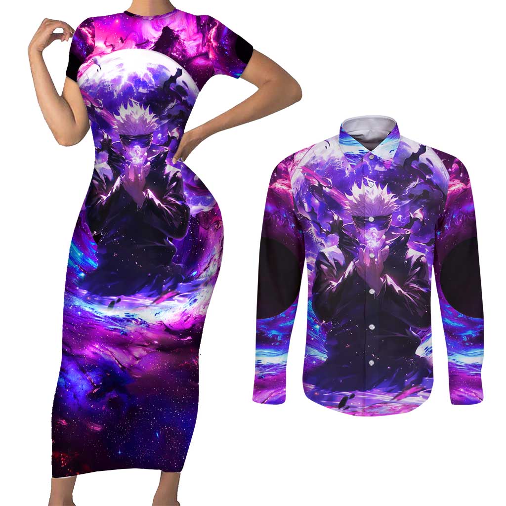 Trippy Gojo Satoru Jujutsu Kaisen Couples Matching Short Sleeve Bodycon Dress and Long Sleeve Button Shirt Anime Style - The Mazicc