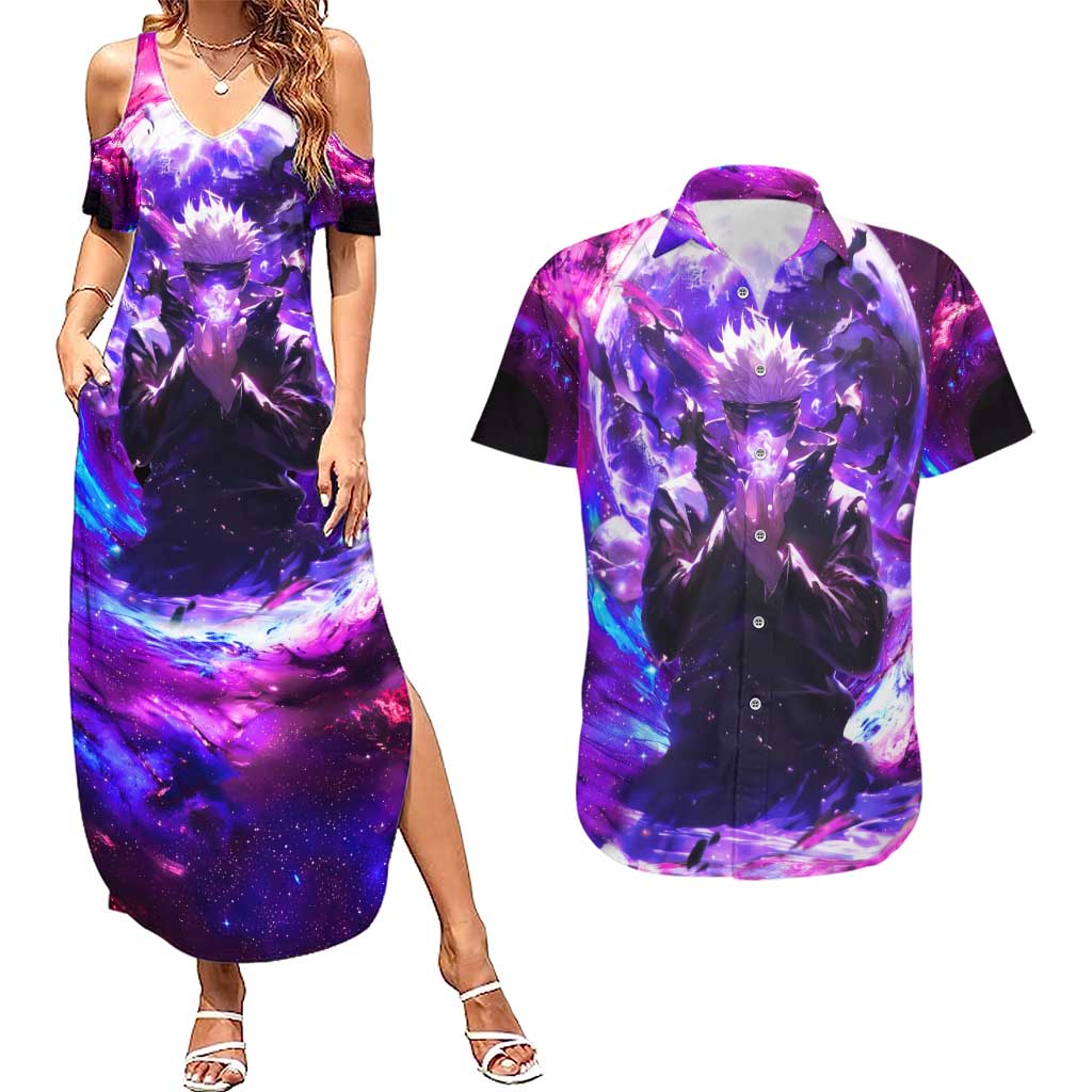 Trippy Gojo Satoru Jujutsu Kaisen Couples Matching Summer Maxi Dress and Hawaiian Shirt Anime Style - The Mazicc