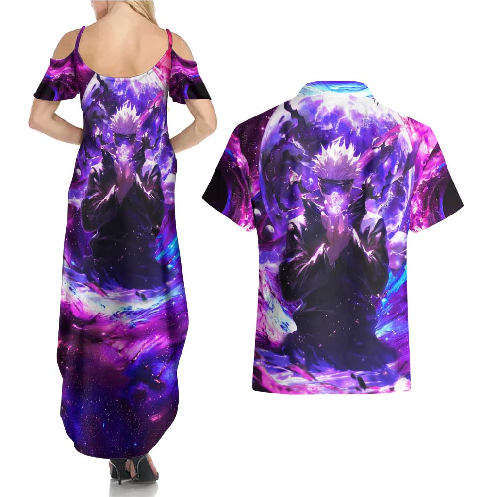 Trippy Gojo Satoru Jujutsu Kaisen Couples Matching Summer Maxi Dress and Hawaiian Shirt Anime Style - The Mazicc