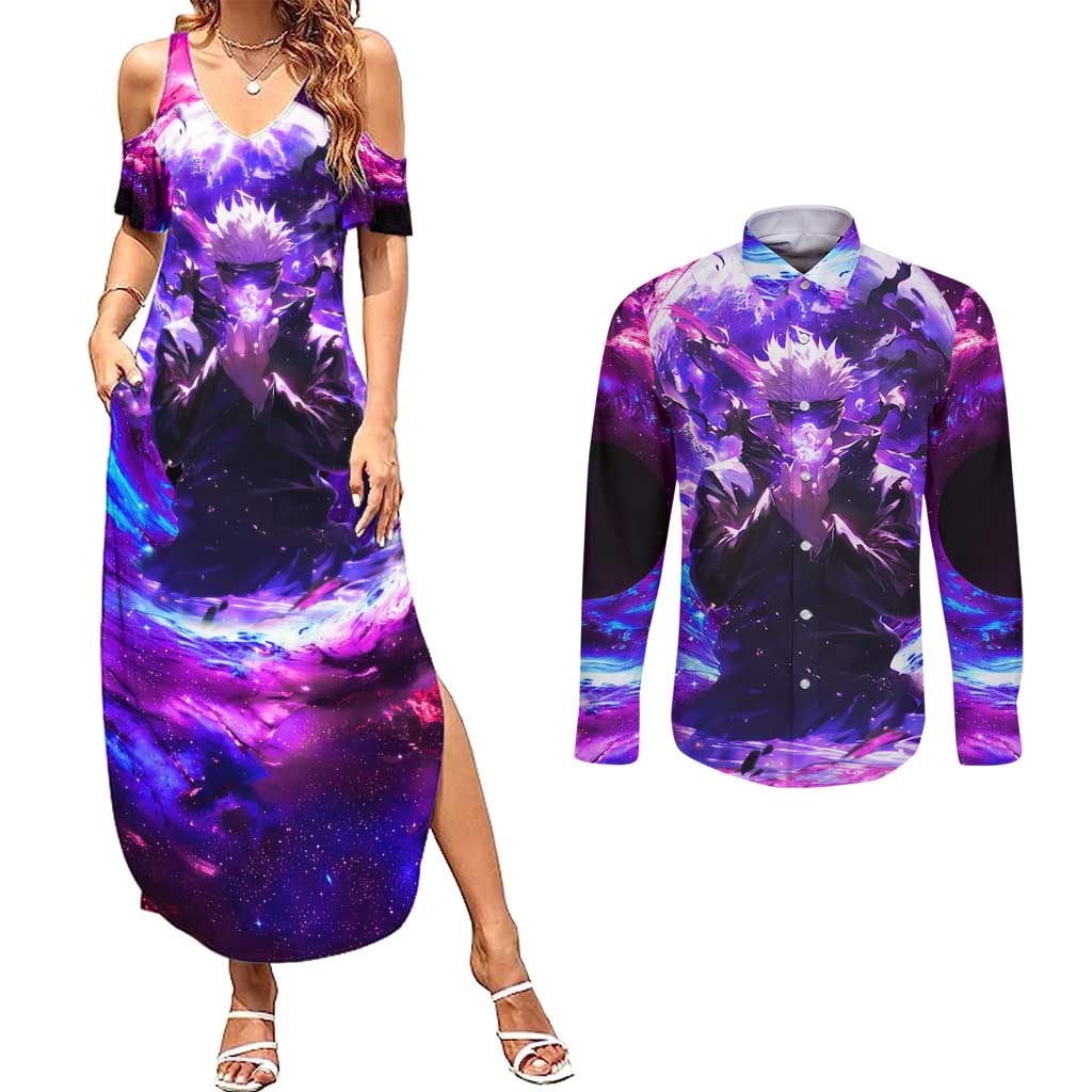Trippy Gojo Satoru Jujutsu Kaisen Couples Matching Summer Maxi Dress and Long Sleeve Button Shirt Anime Style - The Mazicc