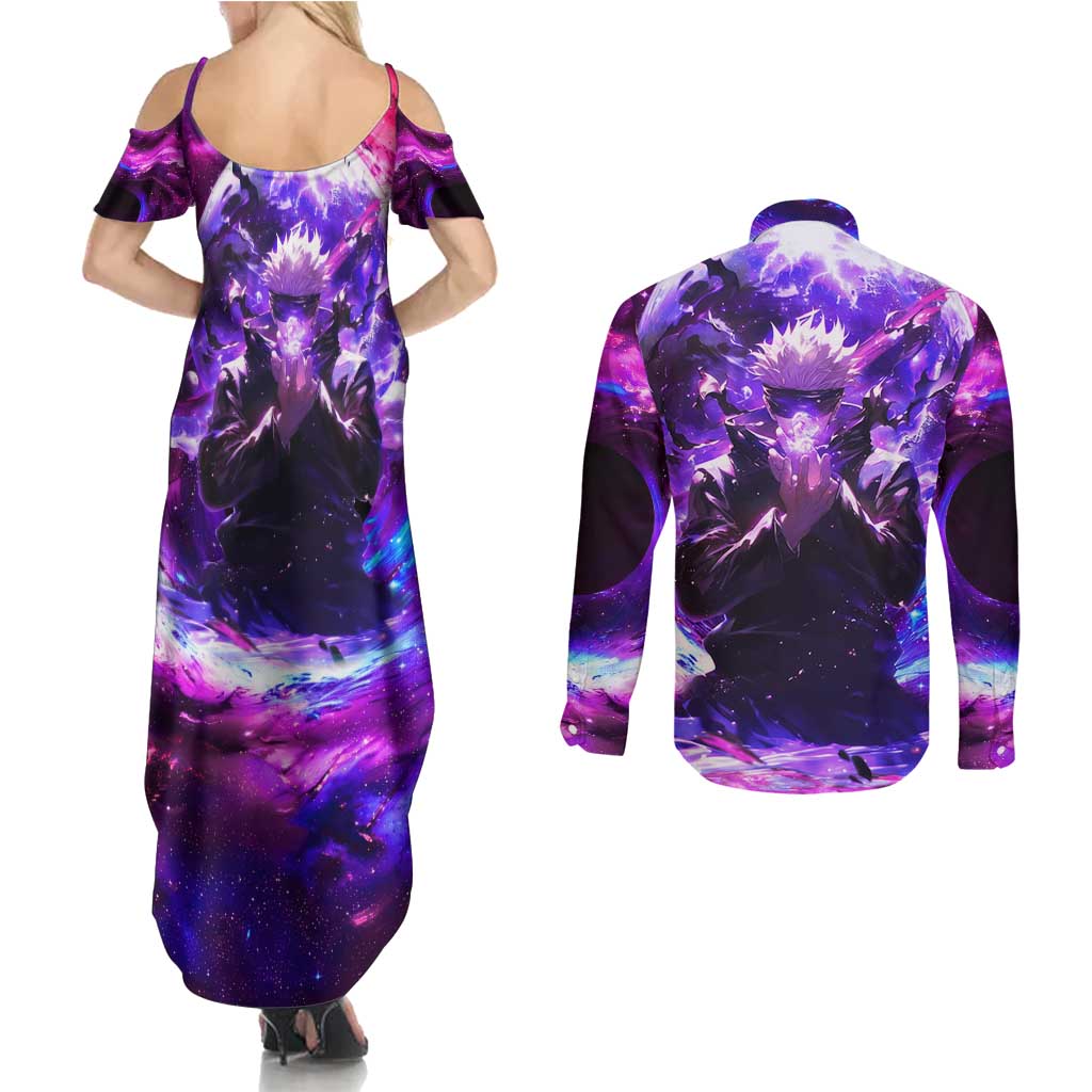 Trippy Gojo Satoru Jujutsu Kaisen Couples Matching Summer Maxi Dress and Long Sleeve Button Shirt Anime Style - The Mazicc