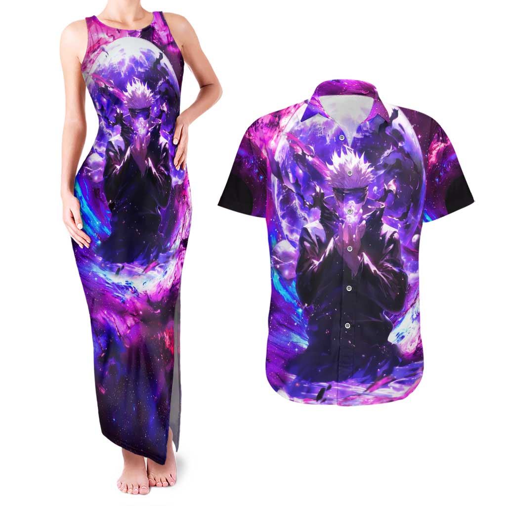 Trippy Gojo Satoru Jujutsu Kaisen Couples Matching Tank Maxi Dress and Hawaiian Shirt Anime Style - The Mazicc