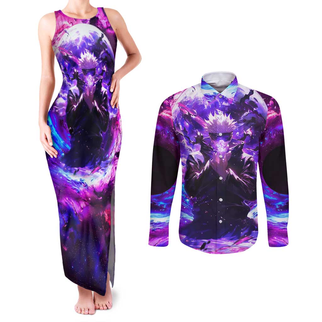 Trippy Gojo Satoru Jujutsu Kaisen Couples Matching Tank Maxi Dress and Long Sleeve Button Shirt Anime Style - The Mazicc