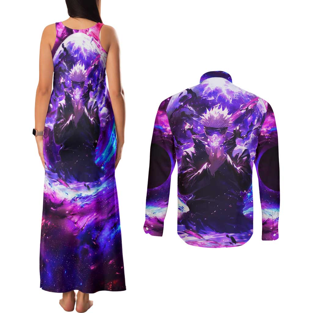 Trippy Gojo Satoru Jujutsu Kaisen Couples Matching Tank Maxi Dress and Long Sleeve Button Shirt Anime Style - The Mazicc
