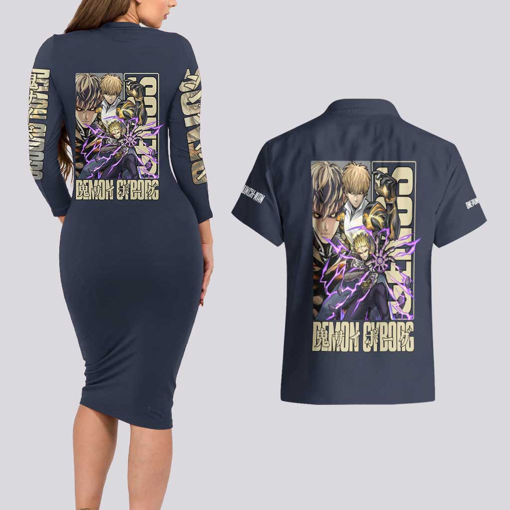 Genos S Level Hero - One Punch Man Couples Matching Long Sleeve Bodycon Dress and Hawaiian Shirt Anime Style