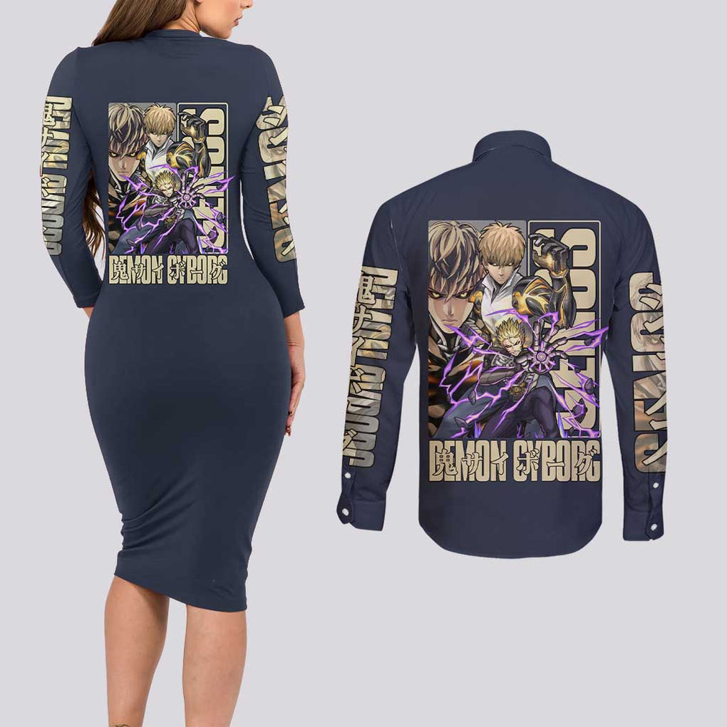 Genos S Level Hero - One Punch Man Couples Matching Long Sleeve Bodycon Dress and Long Sleeve Button Shirt Anime Style