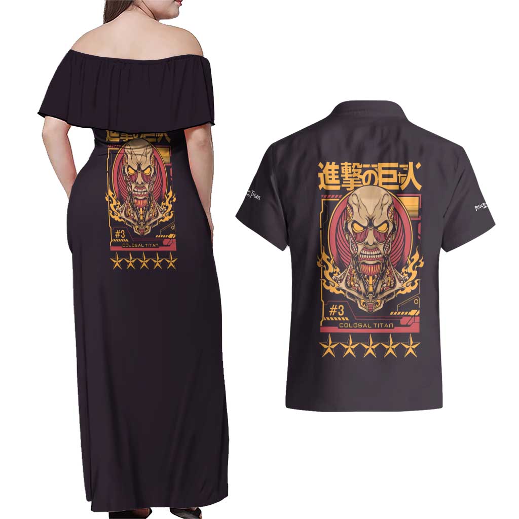 Colossal Titan Attack on Titan Couples Matching Off Shoulder Maxi Dress and Hawaiian Shirt Anime Style