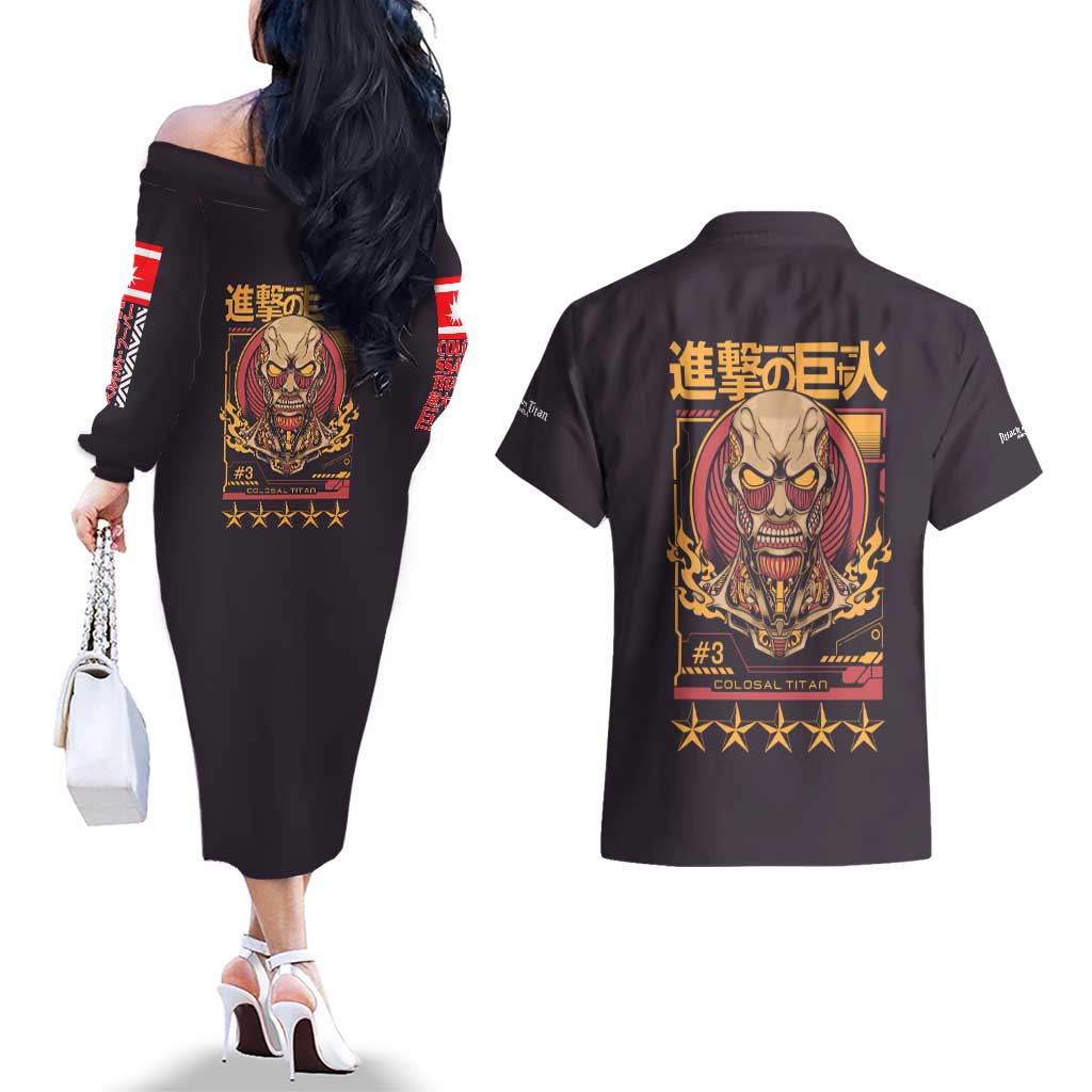 Colossal Titan Attack on Titan Couples Matching Off The Shoulder Long Sleeve Dress and Hawaiian Shirt Anime Style