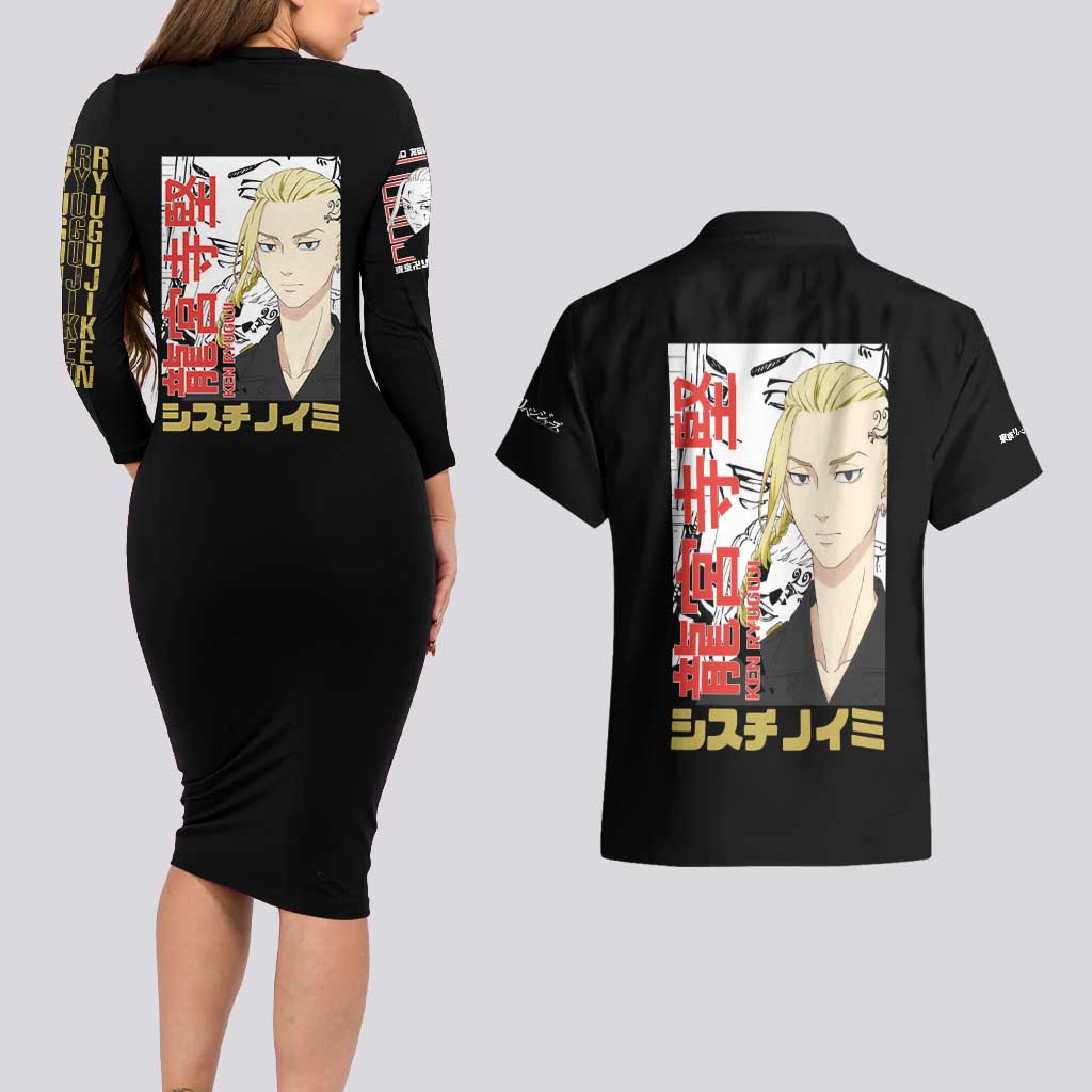 Draken Ryuguji Ken Tokyo Revengers Couples Matching Long Sleeve Bodycon Dress and Hawaiian Shirt Anime Style